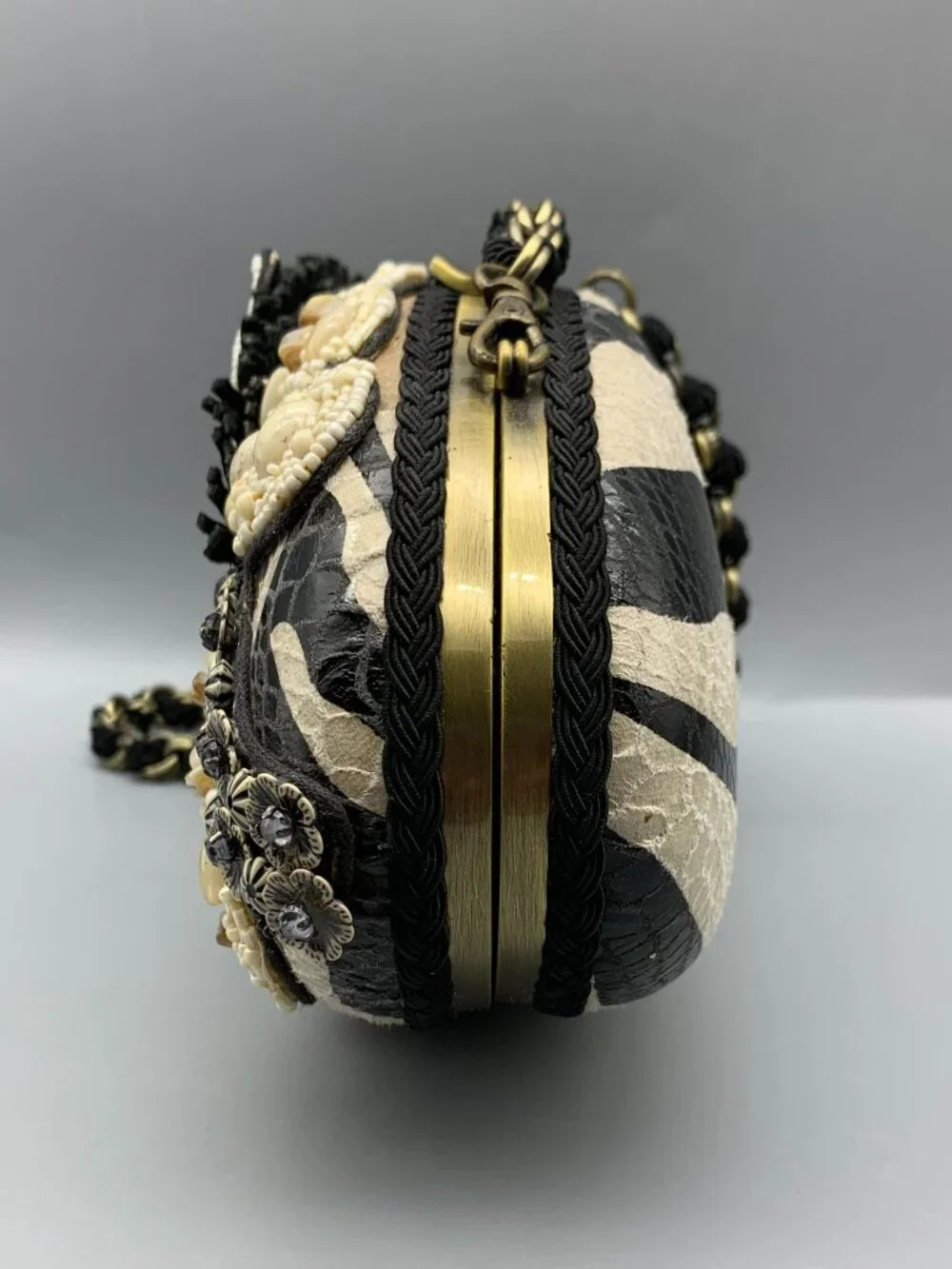 Vintage Mary Frances Zebra-Beaded Handbag Clutch with Removable Shoulder Chain